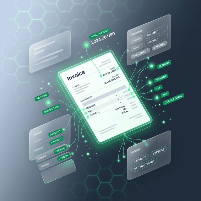 Enrich - AI extracts fields, detects currency, maps rubrics, and tags cost centers.